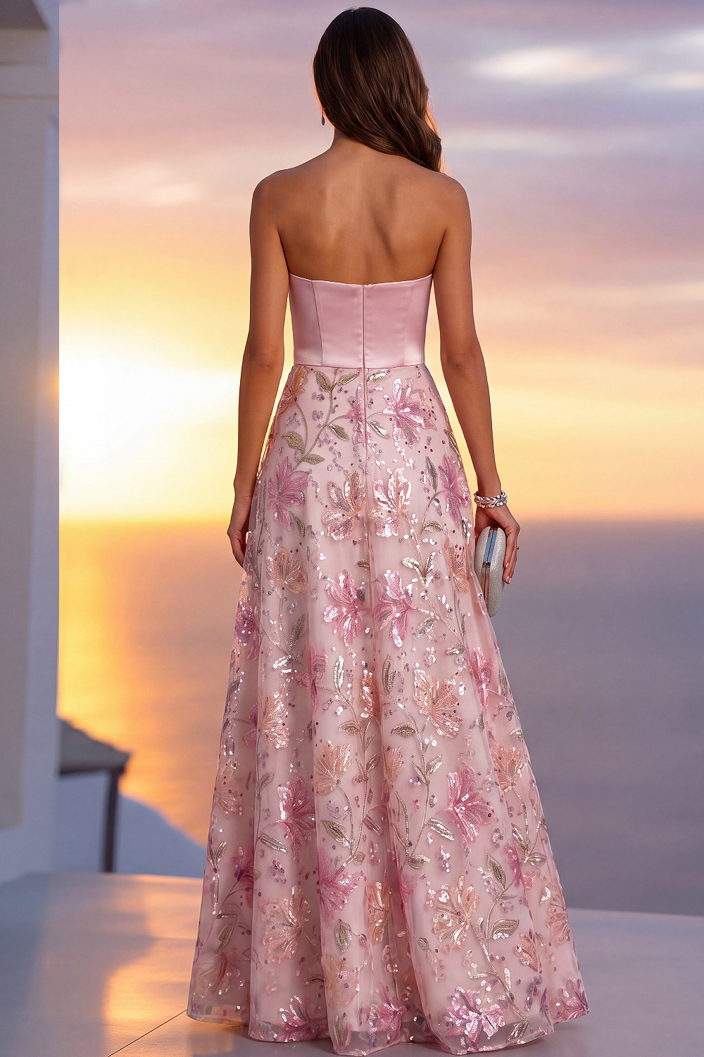 Light Pink Floral Formal Dress A-Line Strapless Satin Maxi Dress with Slit