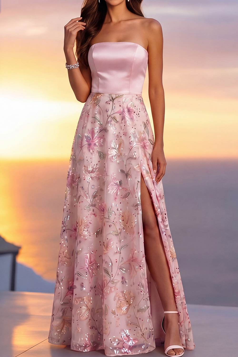 Light Pink Floral Formal Dress A-Line Strapless Satin Maxi Dress with Slit