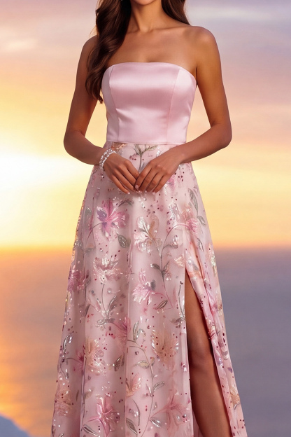 Light Pink Floral Formal Dress A-Line Strapless Satin Maxi Dress with Slit