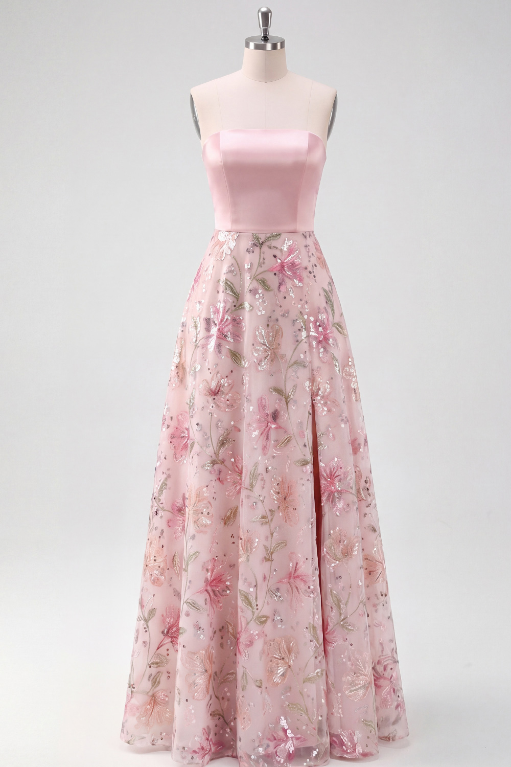 Light Pink Floral Formal Dress A-Line Strapless Satin Maxi Dress with Slit