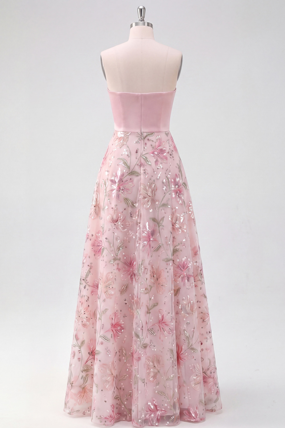 Light Pink Floral Formal Dress A-Line Strapless Satin Maxi Dress with Slit