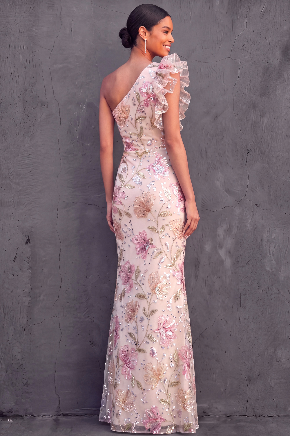 Light Pink Mermaid Formal Dress One Shoulder Floral Satin Maxi Dress 