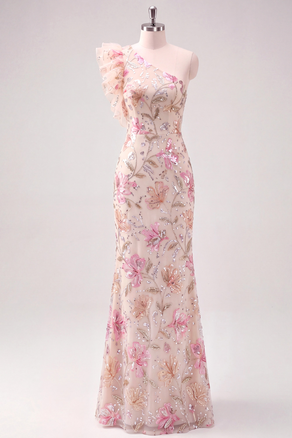 Light Pink Mermaid Formal Dress One Shoulder Floral Satin Maxi Dress 