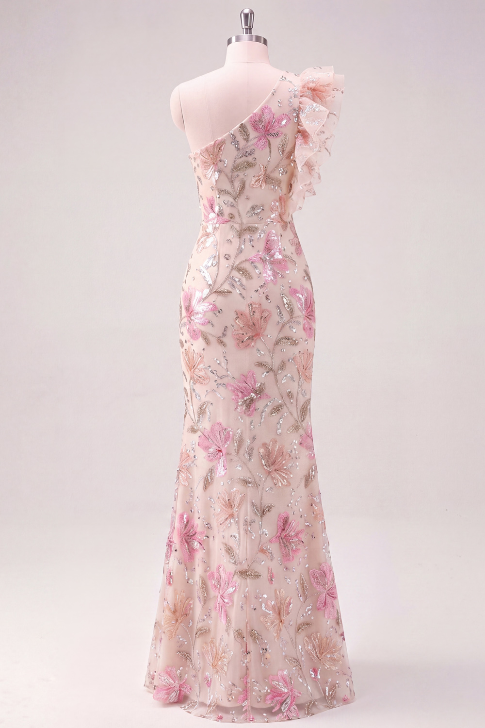 Light Pink Mermaid Formal Dress One Shoulder Floral Satin Maxi Dress 