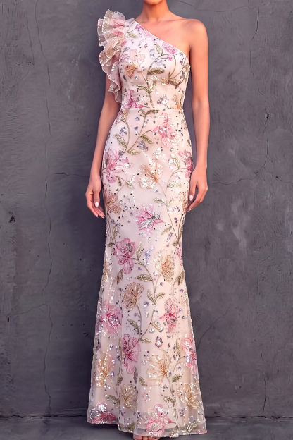 Light Pink Mermaid Formal Dress One Shoulder Floral Satin Maxi Dress 
