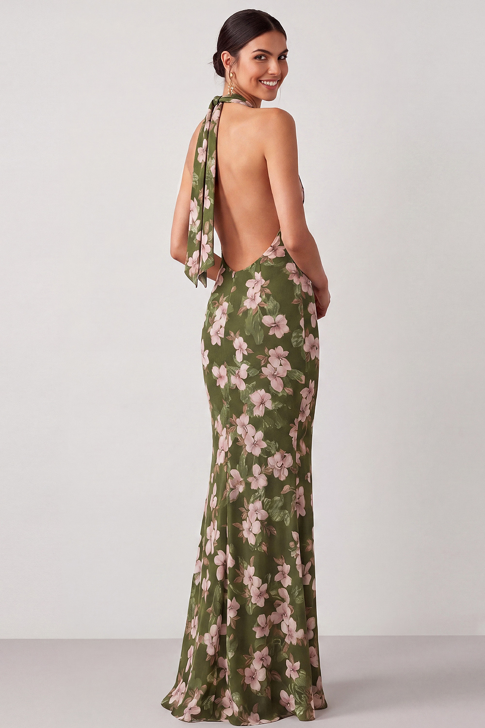 Olive Mermaid Floral Wedding Guest Dress Cowl Neck Chiffon Maxi Dress 