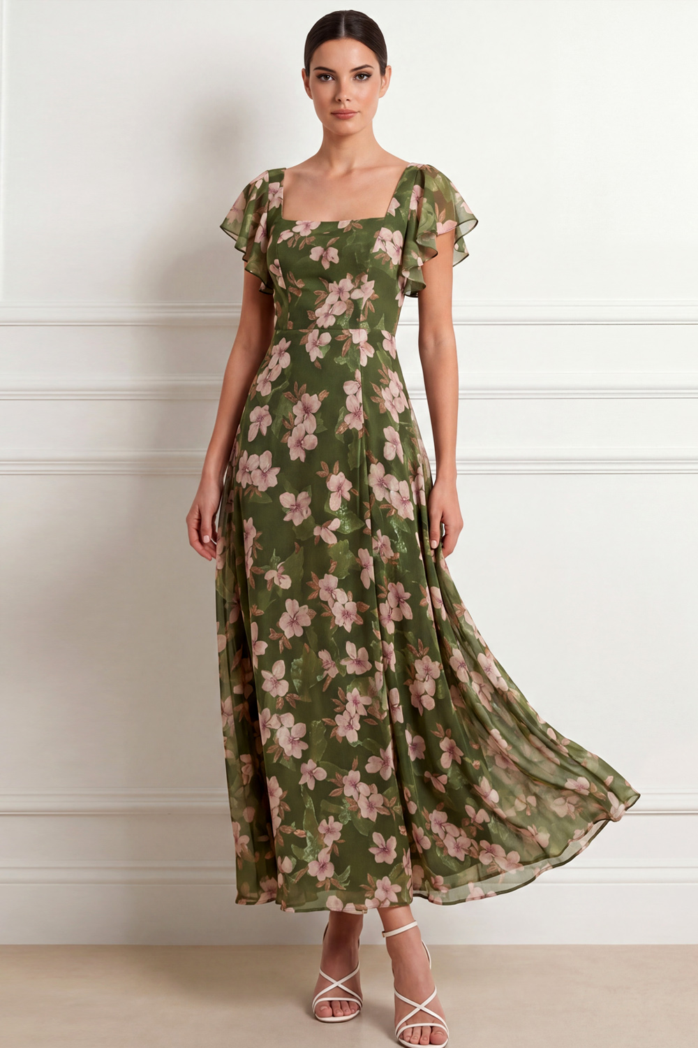 Olive Floral Wedding Guest Dress Square Neck Ruffle Sleeve Maxi Dress 