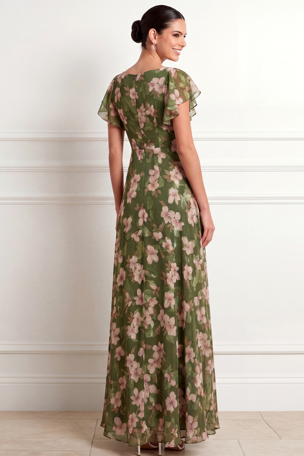 Olive Floral Wedding Guest Dress Square Neck Ruffle Sleeve Maxi Dress 