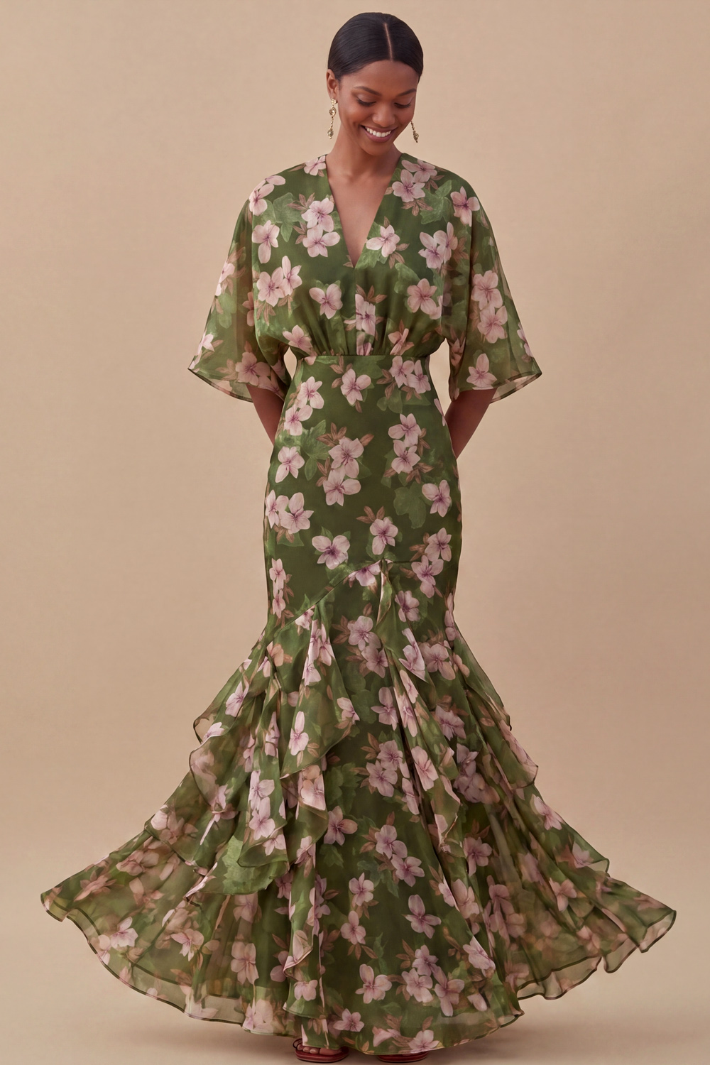 Olive Formal Dress V-Neck Floral Mermaid Chiffon Maxi Dress
