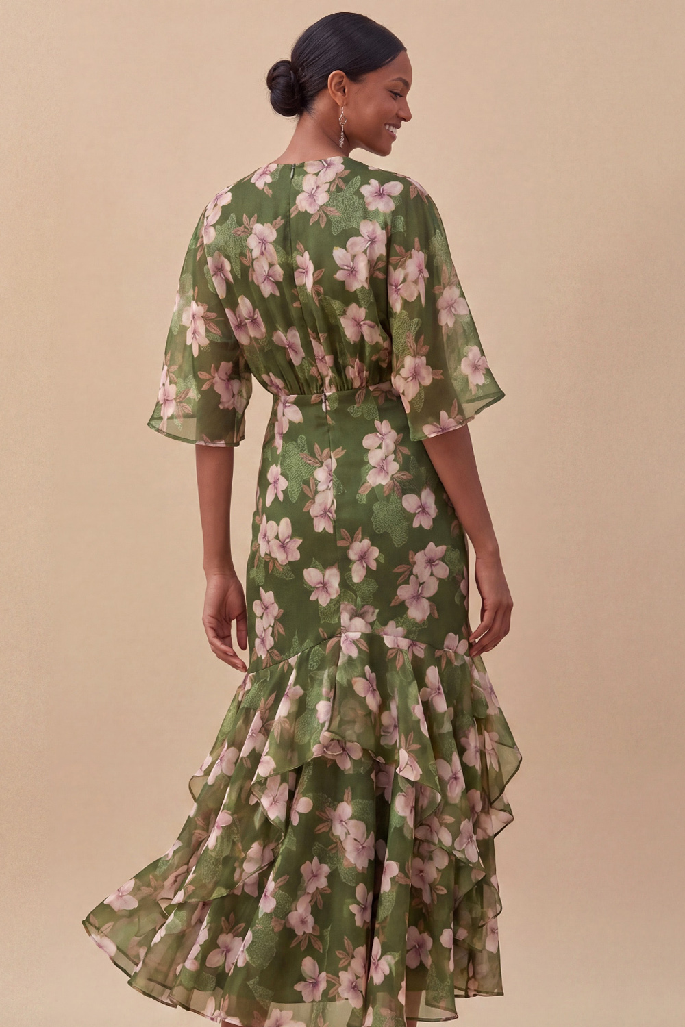Olive Formal Dress V-Neck Floral Mermaid Chiffon Maxi Dress 