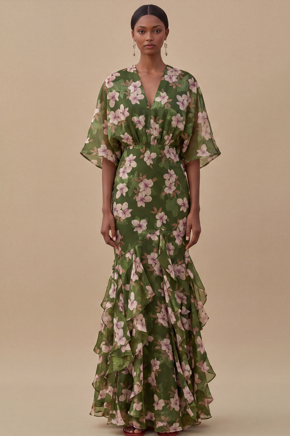 Olive Formal Dress V-Neck Floral Mermaid Chiffon Maxi Dress 