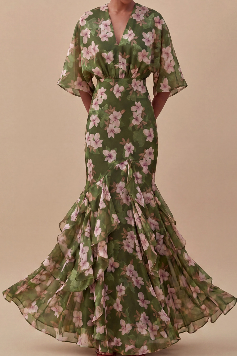 Olive Formal Dress V-Neck Floral Mermaid Chiffon Maxi Dress 