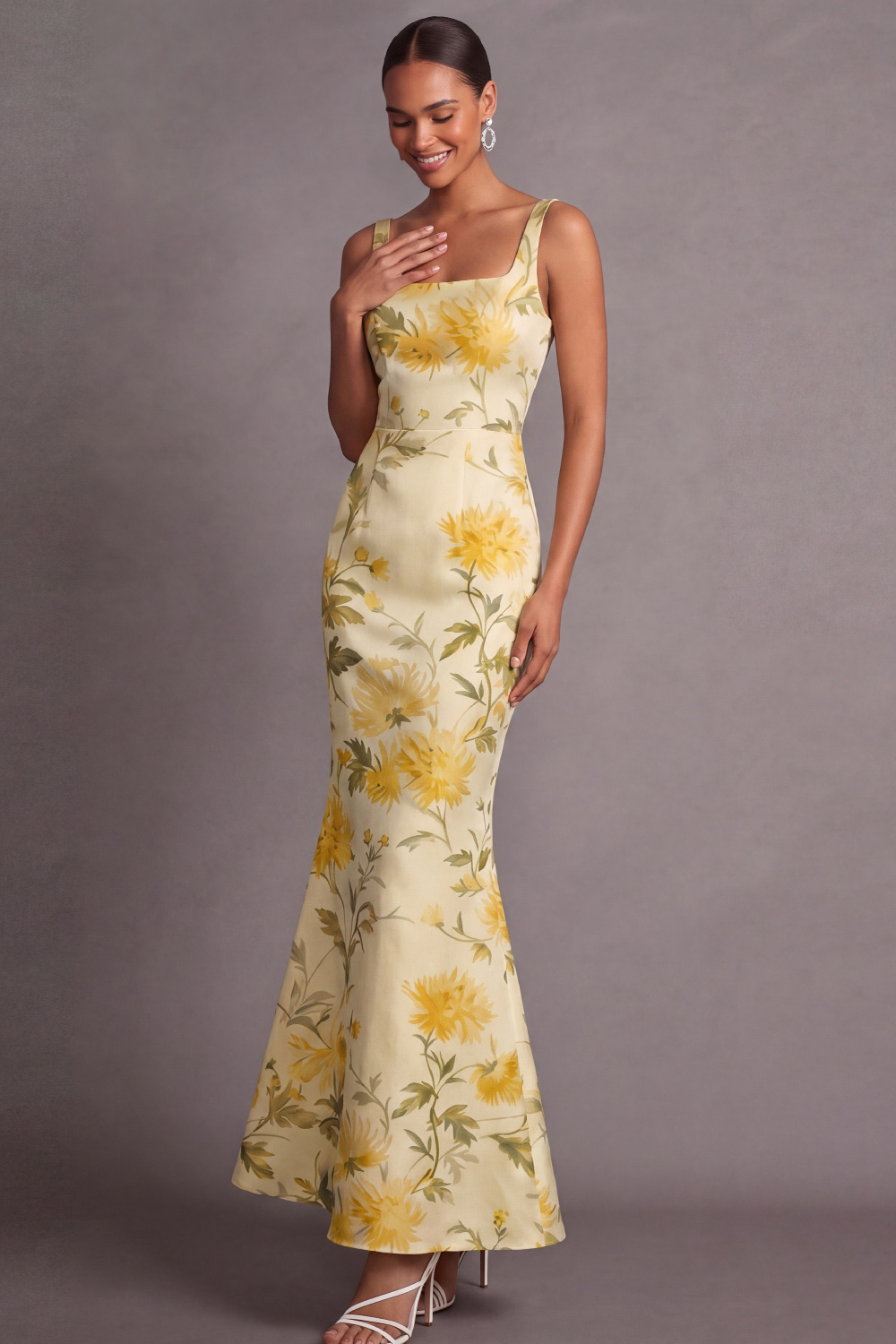 Light Yellow Mermaid Formal Dress Wide Straps Floral Satin Maxi Dress