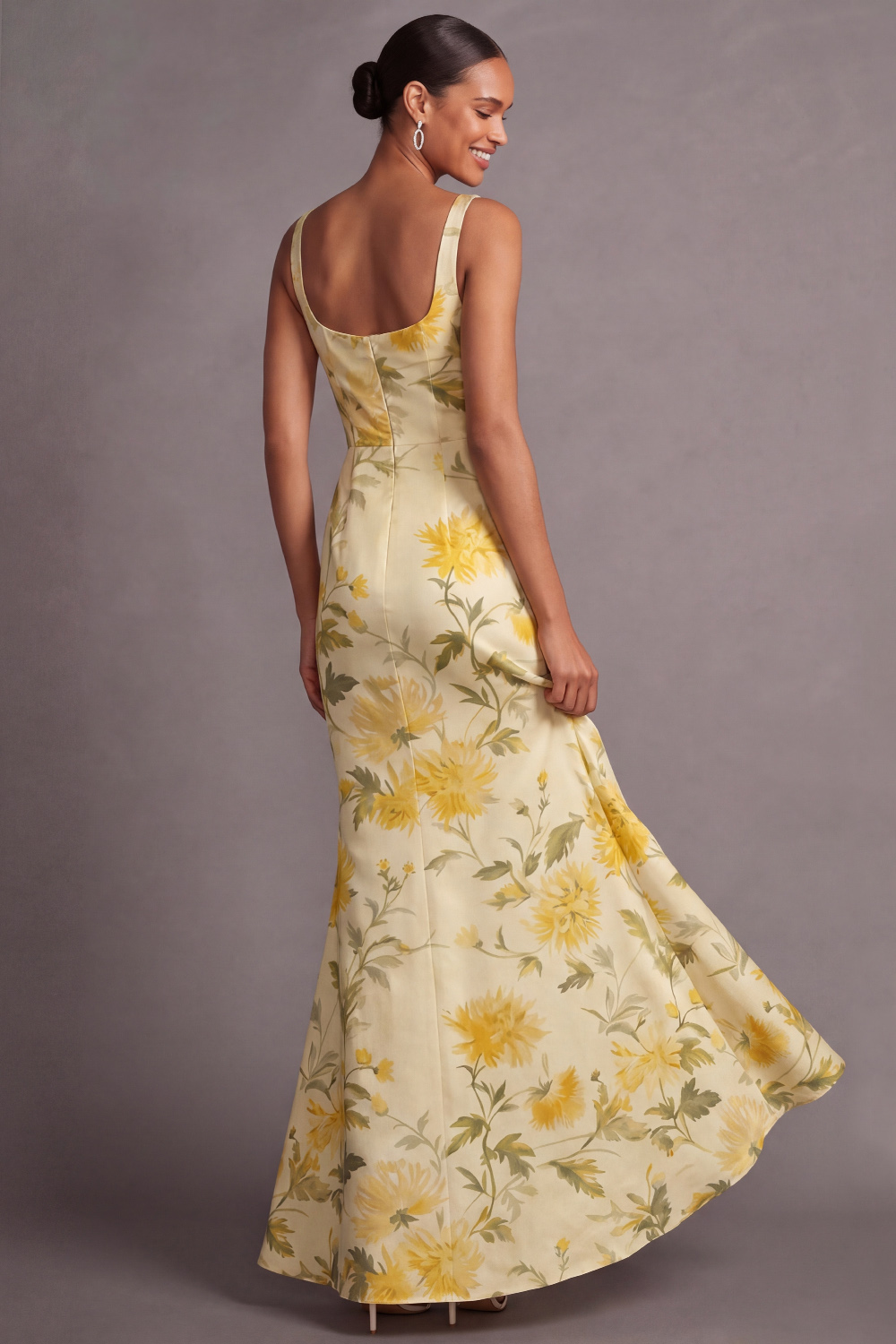 Light Yellow Mermaid Formal Dress Wide Straps Floral Satin Maxi Dress 