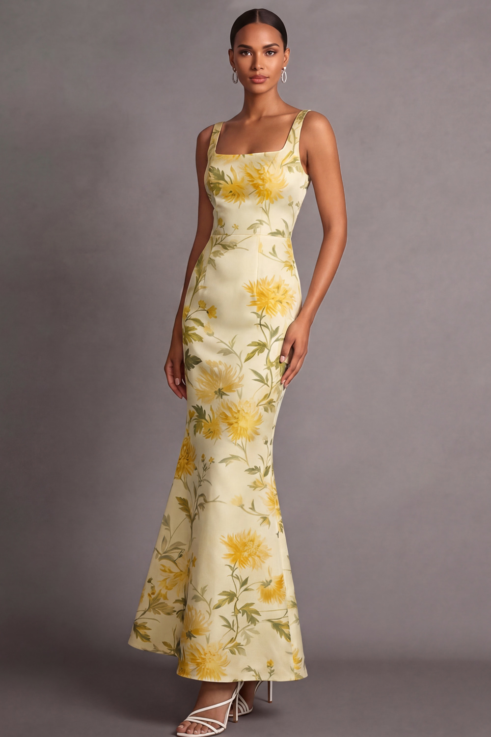 Light Yellow Mermaid Formal Dress Wide Straps Floral Satin Maxi Dress 