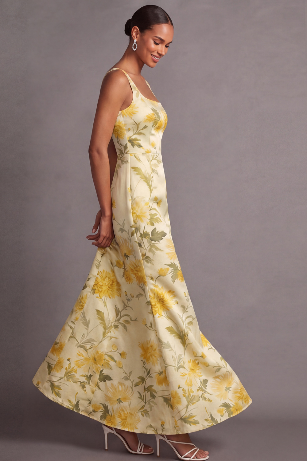 Light Yellow Mermaid Formal Dress Wide Straps Floral Satin Maxi Dress 