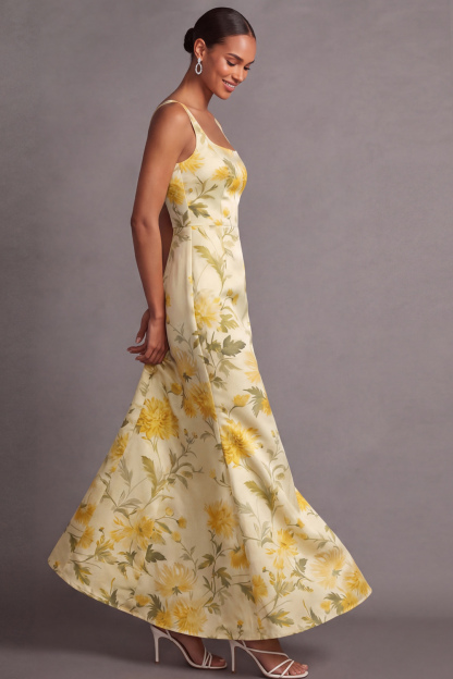 Light Yellow Mermaid Formal Dress Wide Straps Floral Satin Maxi Dress 