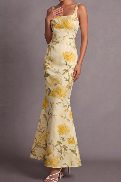 Light Yellow Mermaid Formal Dress Wide Straps Floral Satin Maxi Dress 