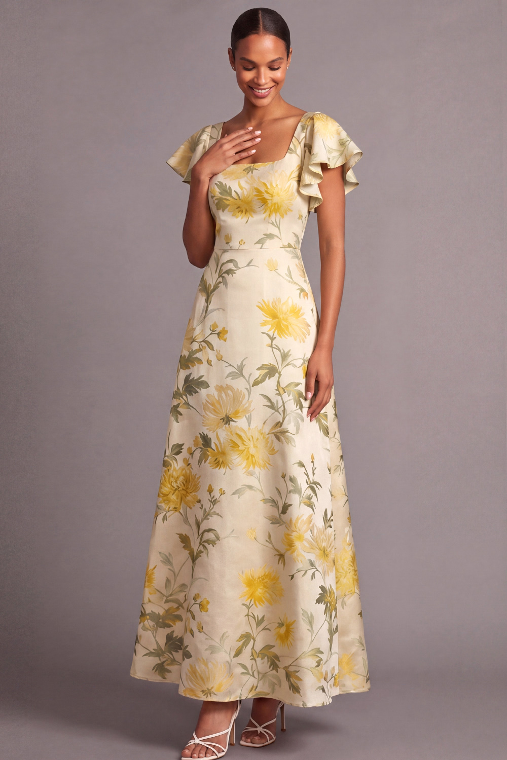 Light Yellow Floral Wedding Guest Dress Square Neck Satin A-Line Maxi Dress 