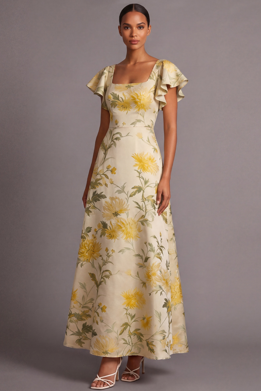 The Daffodil | Light Yellow Floral Wedding Guest Dress Square Neck