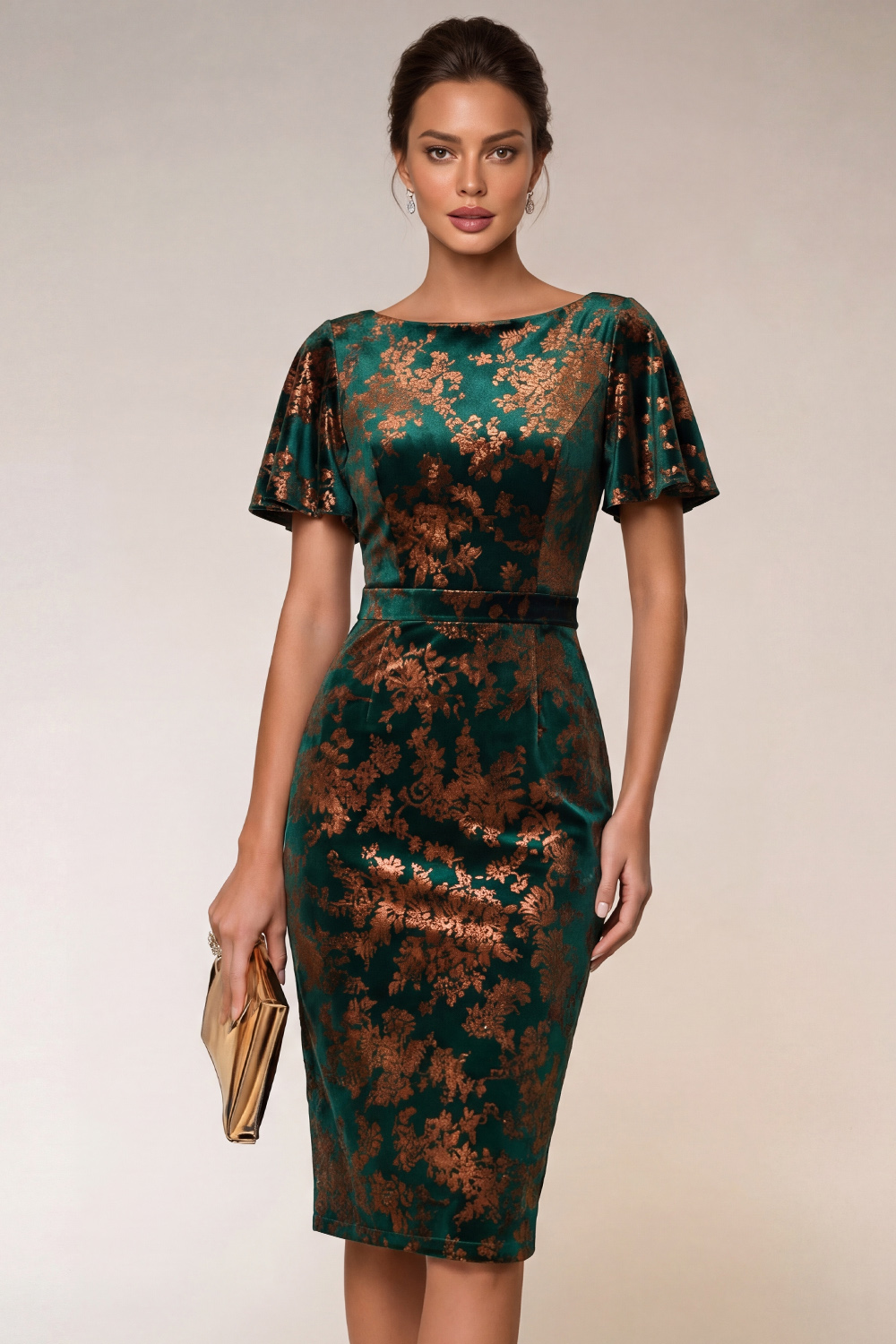 Dark Green Work Dress Short Sleeve Velvet Bodycon Midi Dress