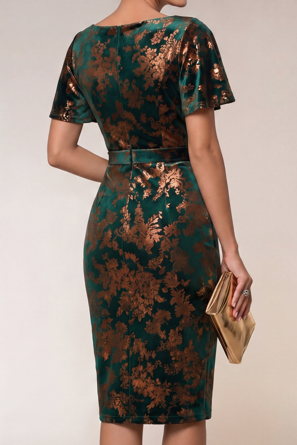 Dark Green Work Dress Short Sleeve Velvet Bodycon Midi Dress 