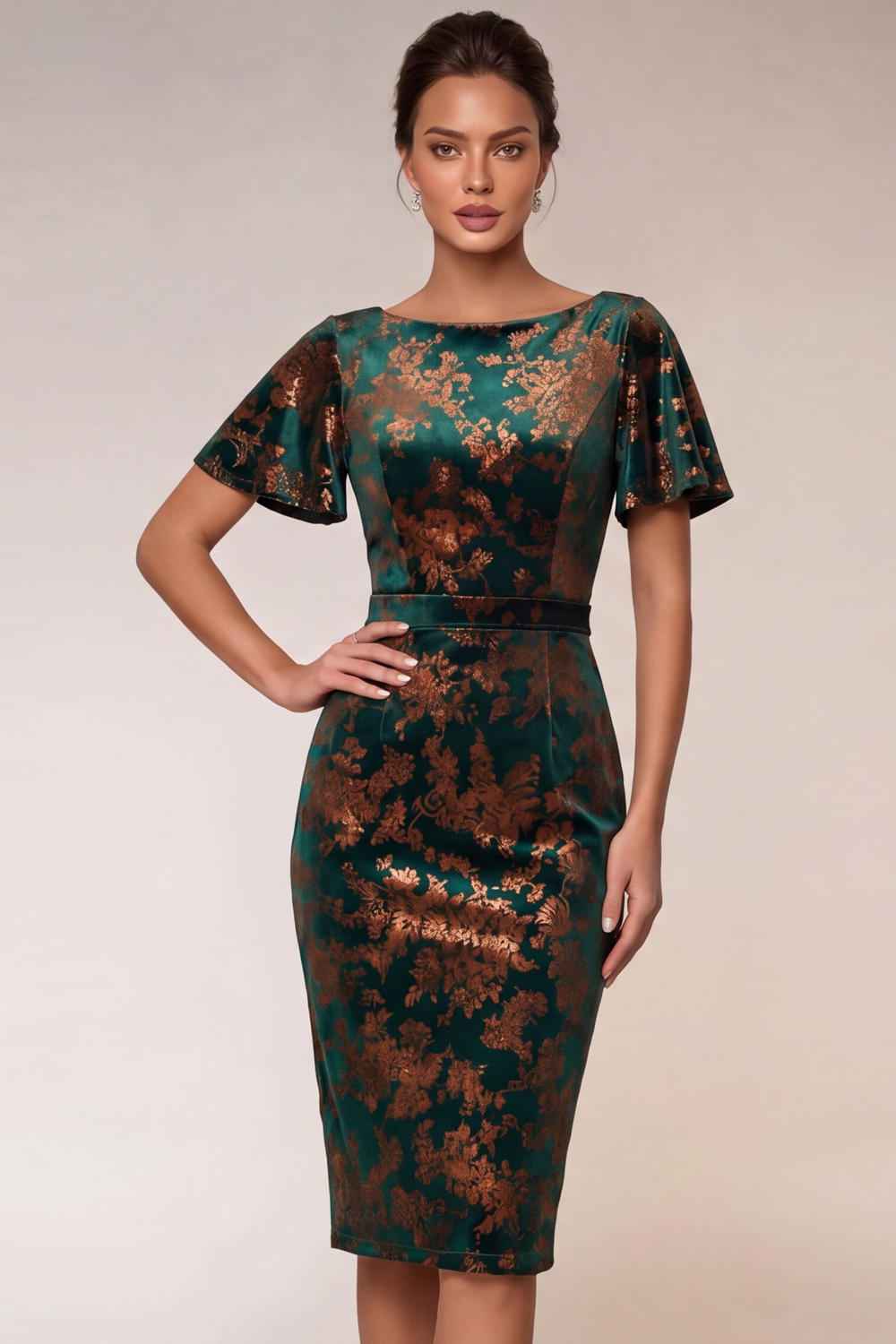 Dark Green Work Dress Short Sleeve Velvet Bodycon Midi Dress 