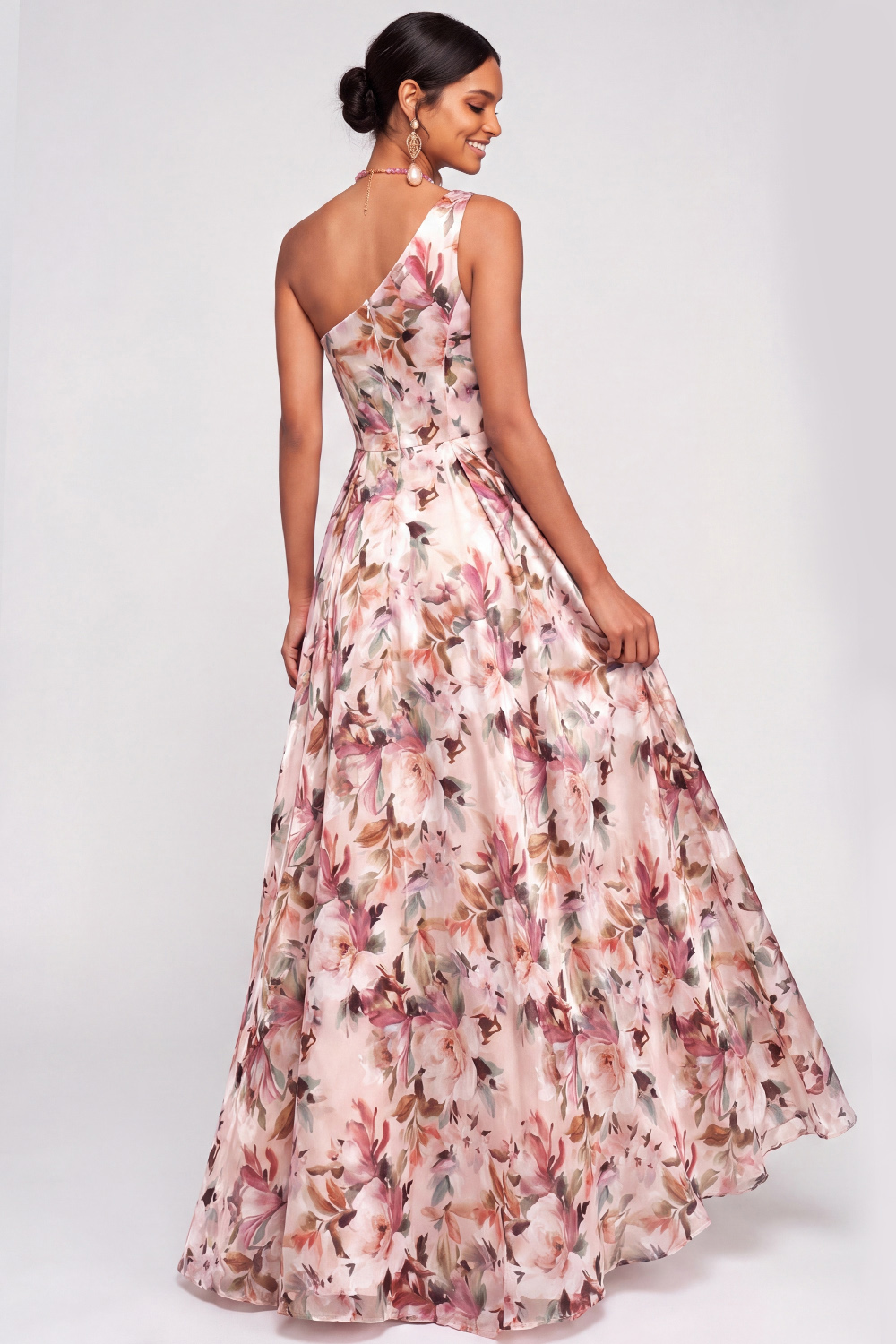Pink Floral Formal Dress One Shoulder A-Line Slit Maxi Dress 