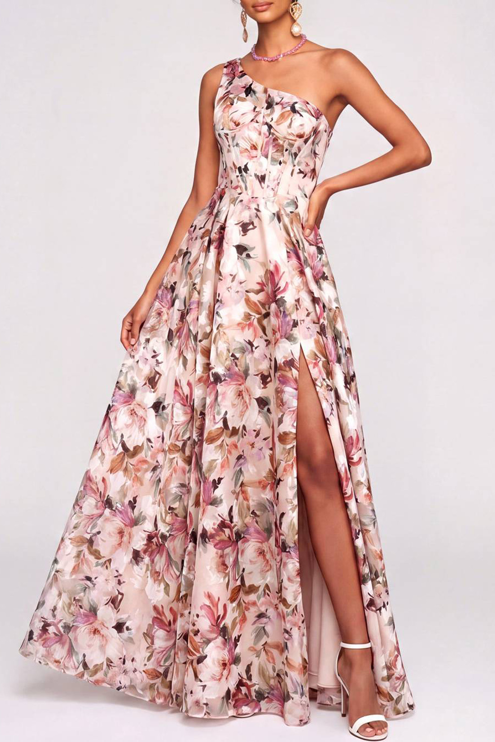 Pink Floral Formal Dress One Shoulder A-Line Slit Maxi Dress 