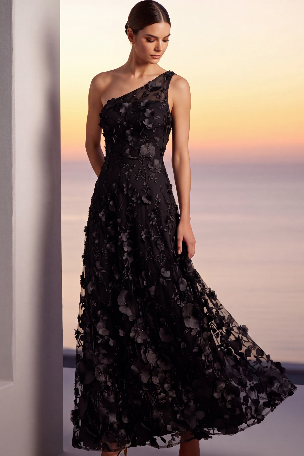 Champagne Floral Formal Dress A-Line One Shoulder Appliqued Maxi Dress 