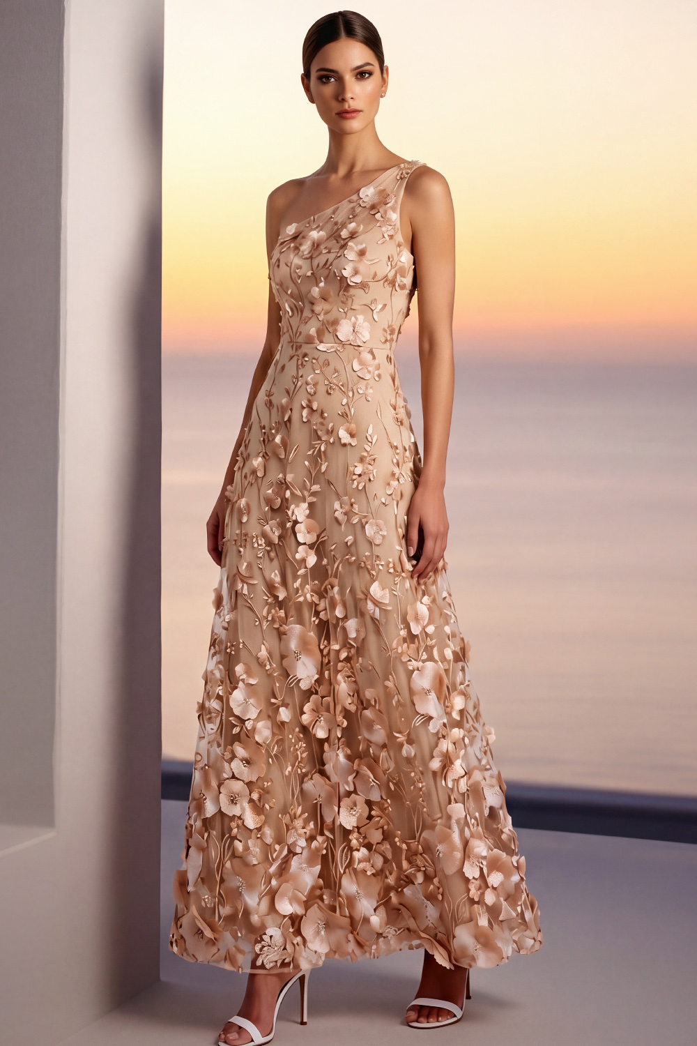 Champagne Floral Formal Dress A-Line One Shoulder Appliqued Maxi Dress 