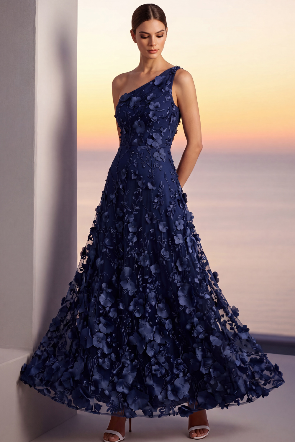 Champagne Floral Formal Dress A-Line One Shoulder Appliqued Maxi Dress 