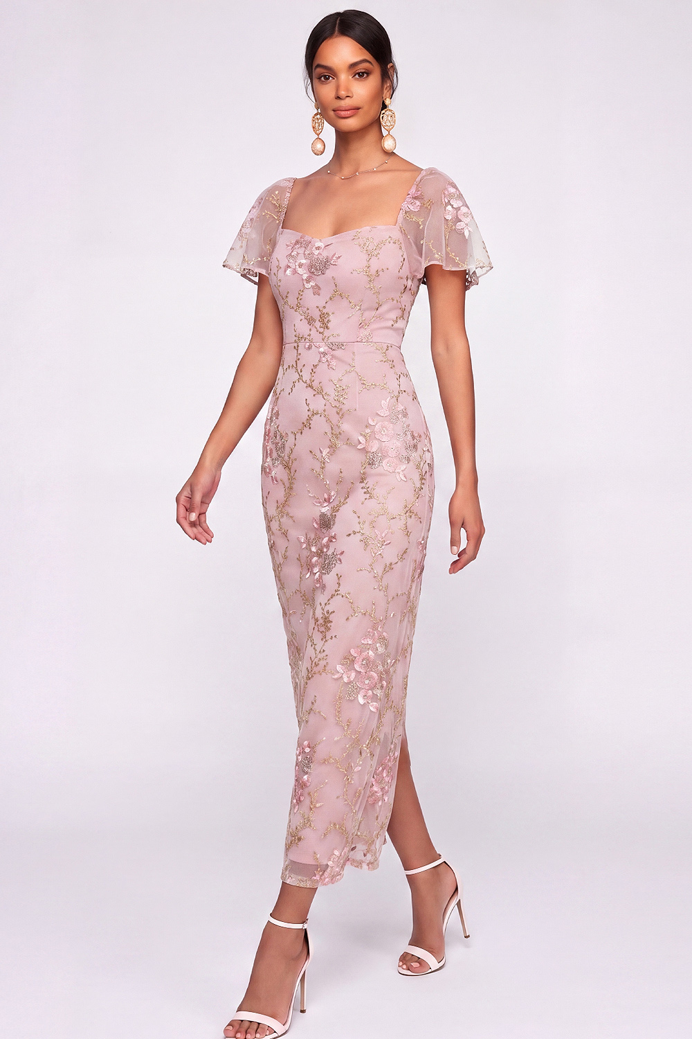 English Rose Formal Dress Flutter Sleeves Floral Sheath Maxi Dress 