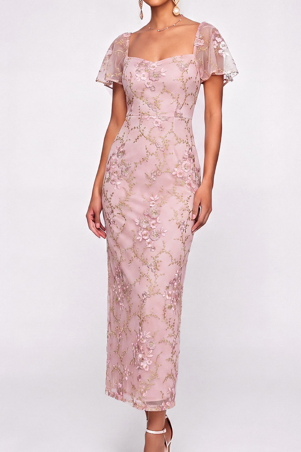 English Rose Formal Dress Flutter Sleeves Floral Sheath Maxi Dress 