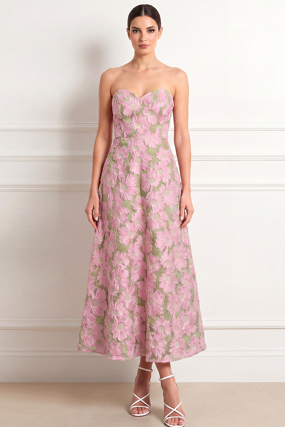 Pink and Green Formal Dress Sweetheart Floral A-Line Maxi Dress 