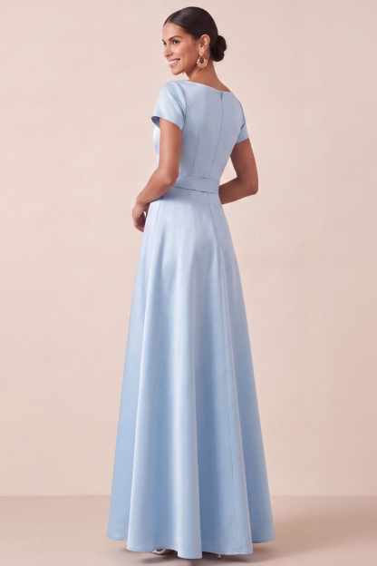 Light Blue A-Line Formal Dress Crew Neck Short Sleeves Satin Maxi Dress