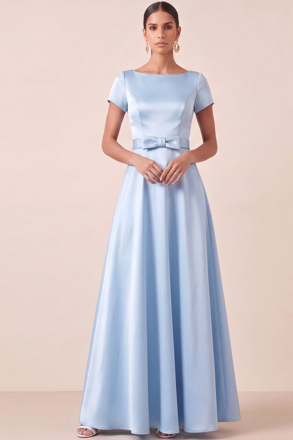 Light Blue A-Line Formal Dress Crew Neck Short Sleeves Satin Maxi Dress