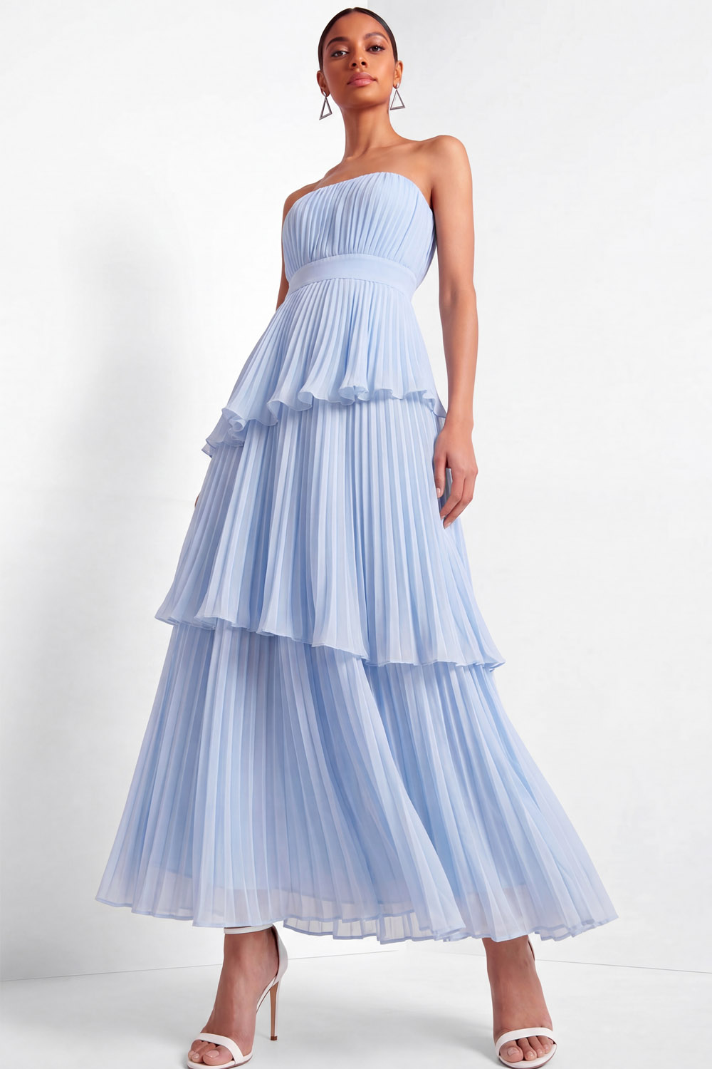 Light Blue ​Wedding Bridesmaid Dress Strapless Tiered Pleated Maxi Dress 