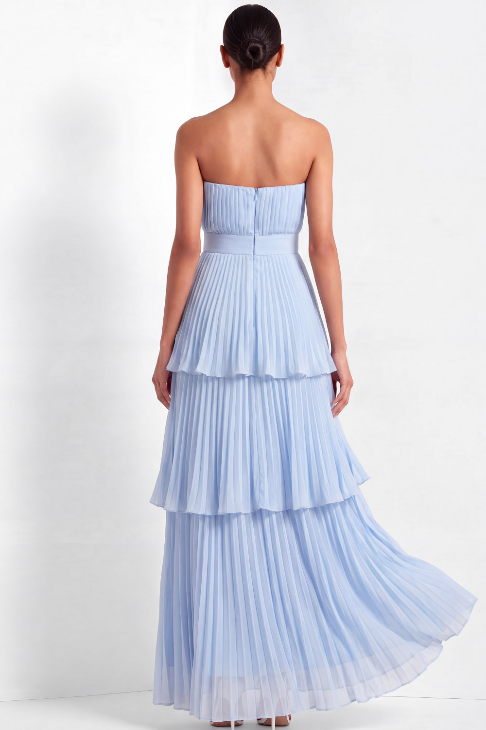 Light Blue ​Wedding Bridesmaid Dress Strapless Tiered Pleated Maxi Dress 