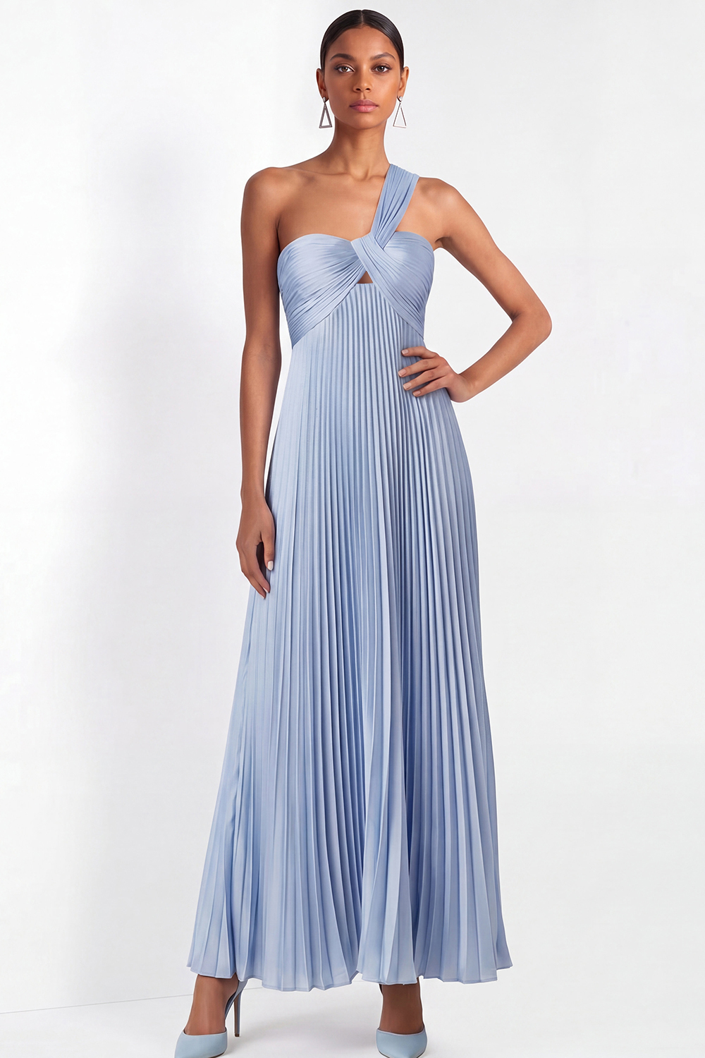 Light Blue Evening Formal Dress A-Line One Shoulder Pleated Maxi Dress 
