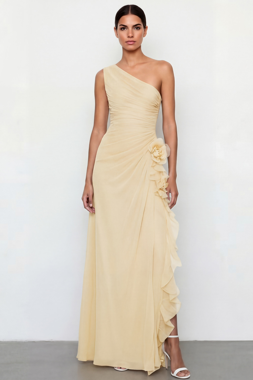 Light Yellow Formal Dress A-Line One Shoulder Maxi Dress with 3D Flower
