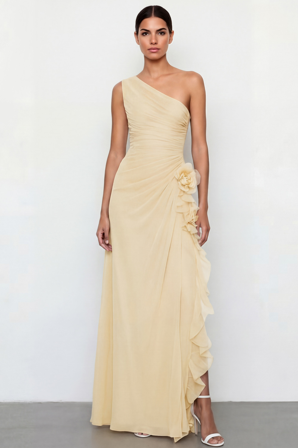 Light Yellow Formal Dress A-Line One Shoulder Maxi Dress with 3D Flower