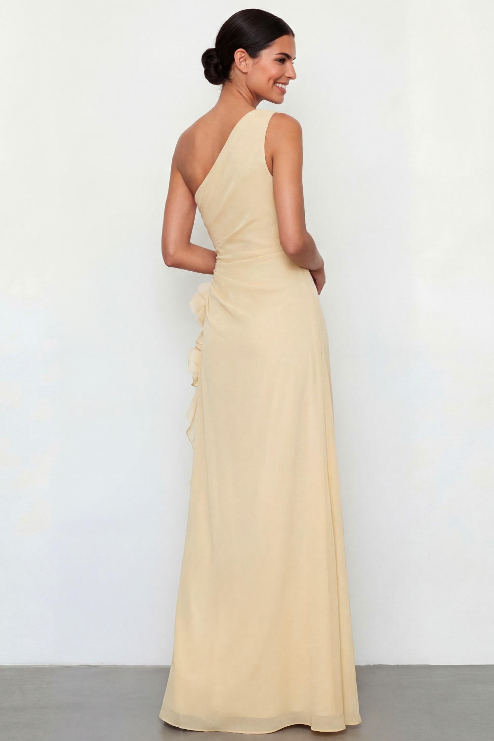 Light Yellow Formal Dress A-Line One Shoulder Maxi Dress with 3D Flower