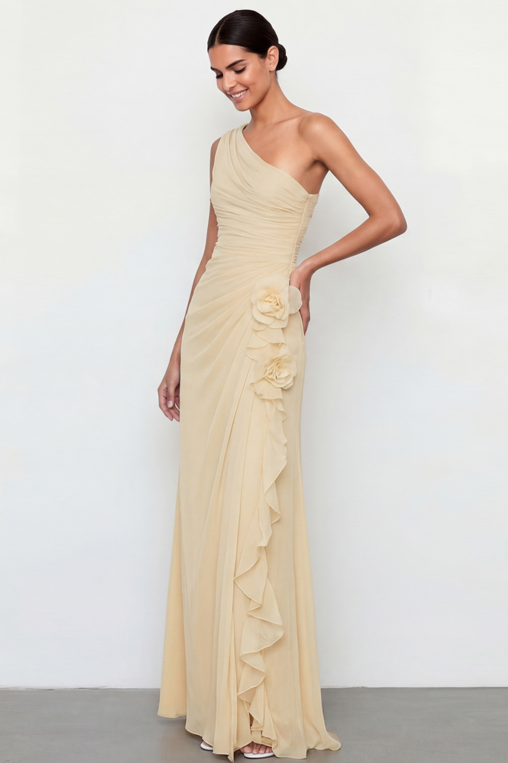 Light Yellow Formal Dress A-Line One Shoulder Maxi Dress with 3D Flower