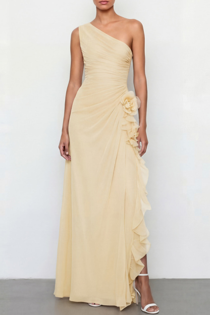 Light Yellow Formal Dress A-Line One Shoulder Maxi Dress with 3D Flower