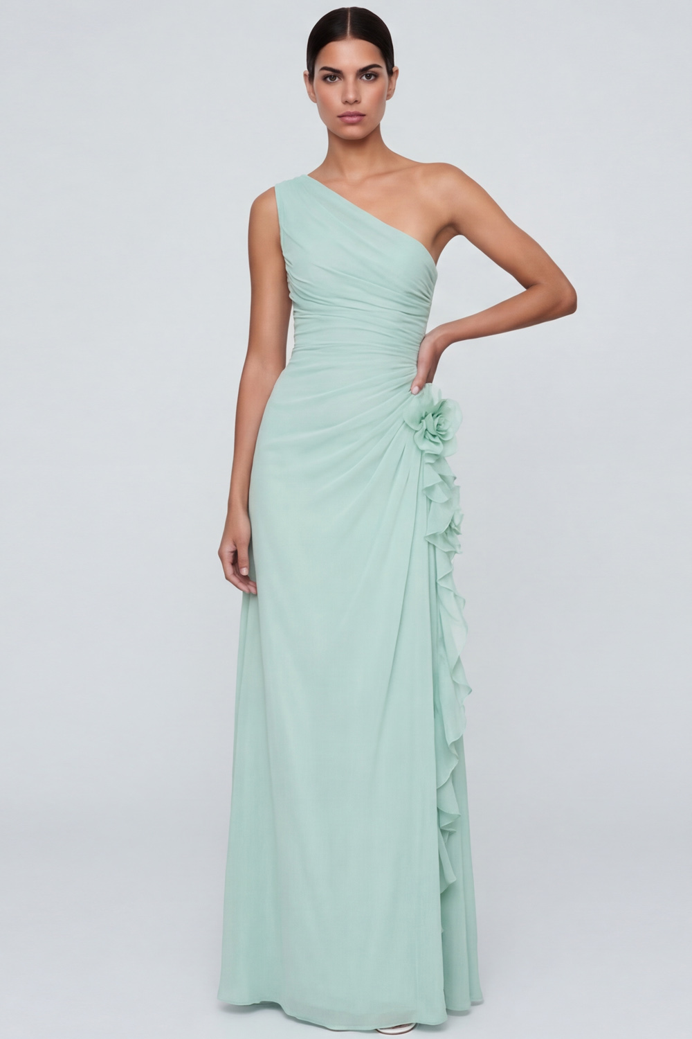 Light Yellow Formal Dress A-Line One Shoulder Maxi Dress with 3D Flower