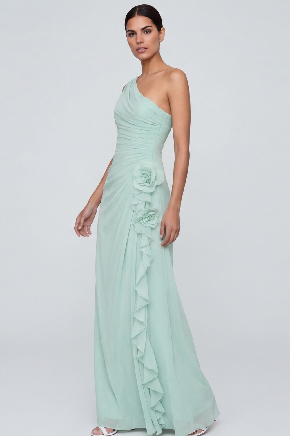 Light Yellow Formal Dress A-Line One Shoulder Maxi Dress with 3D Flower
