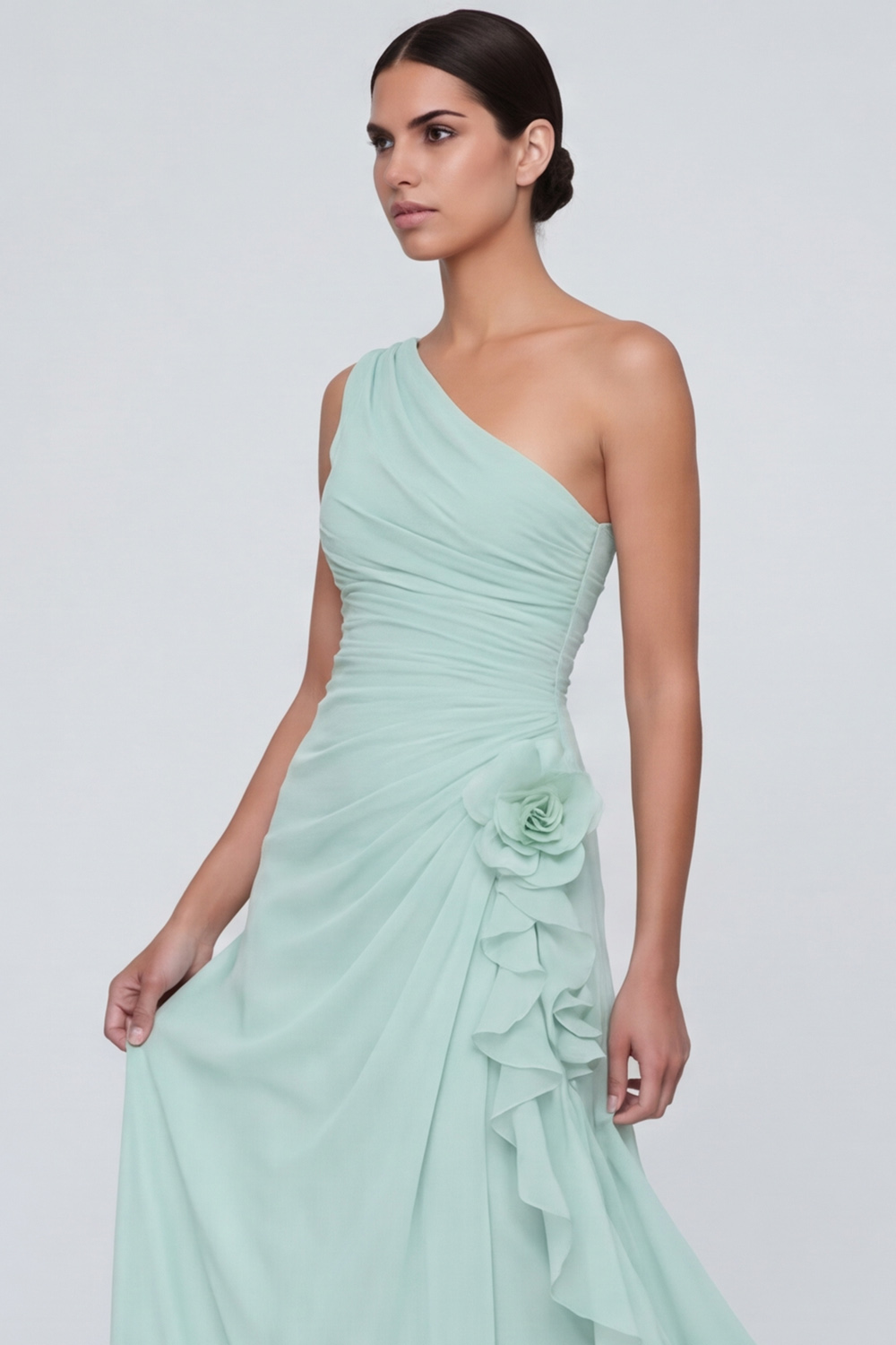 Light Yellow Formal Dress A-Line One Shoulder Maxi Dress with 3D Flower