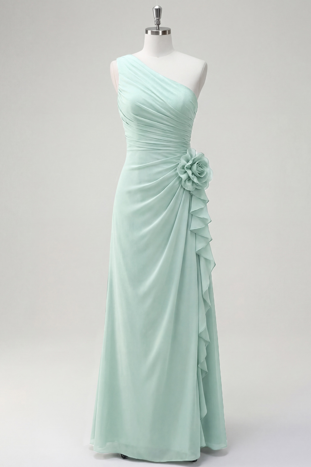 Light Yellow Formal Dress A-Line One Shoulder Maxi Dress with 3D Flower