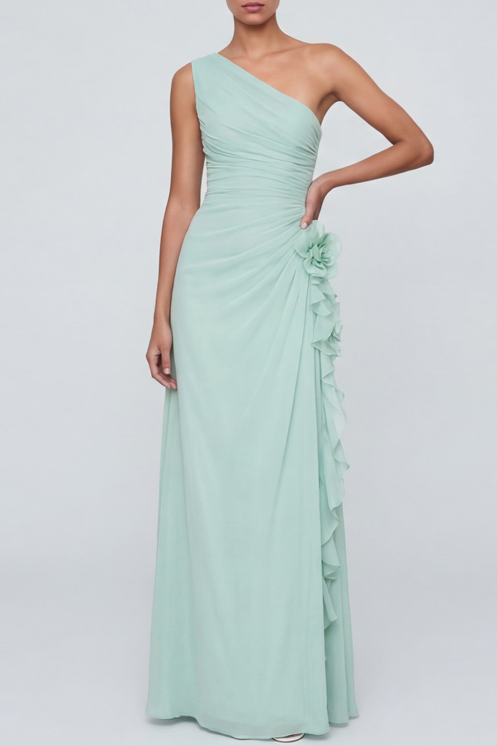 Light Yellow Formal Dress A-Line One Shoulder Maxi Dress with 3D Flower